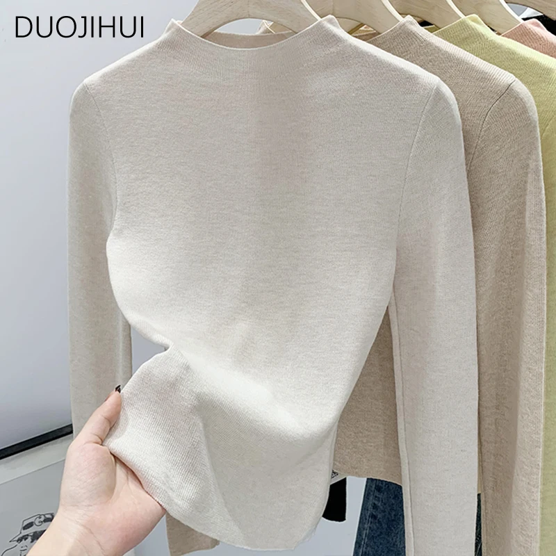 DUOJIHUI-Pull à manches longues et col rond pour femme, classique, jaune, solide, document, mode simple, décontracté, bureau, automne