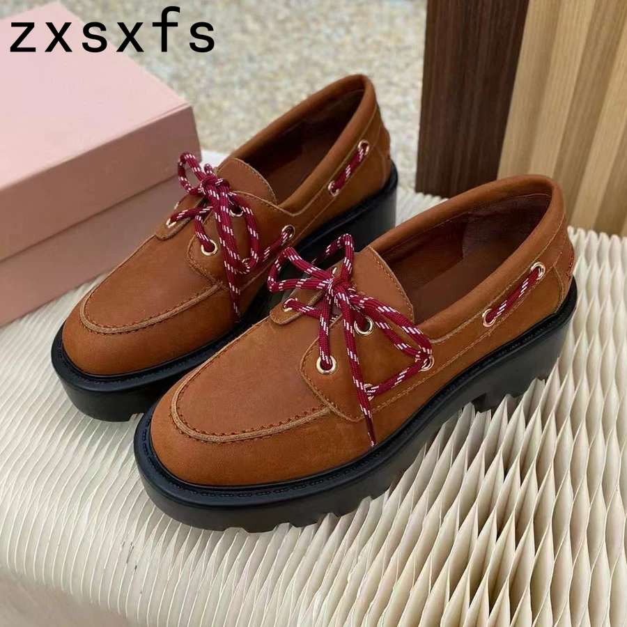 

Thick Bottom Loafer Shoes Women Quality Genuine Leather Casual Lace-Up Flat Shoes Spring Autumn Luxury Punk Shoes Woman