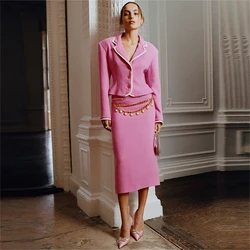 Hot Pink 2 Pcs Women's Suit Dress Set With Waist Chain, Long Sleeves Tea Length 2in1 Dress Set Plus Size Real Images
