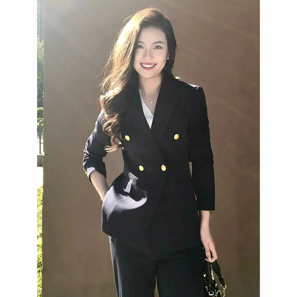 

Long Blazers Woman Elegant Cardigan Ins Blazer with Patchwork Lapel Office Lady Double-Breasted Autumn Outwear Striped Chic 2025