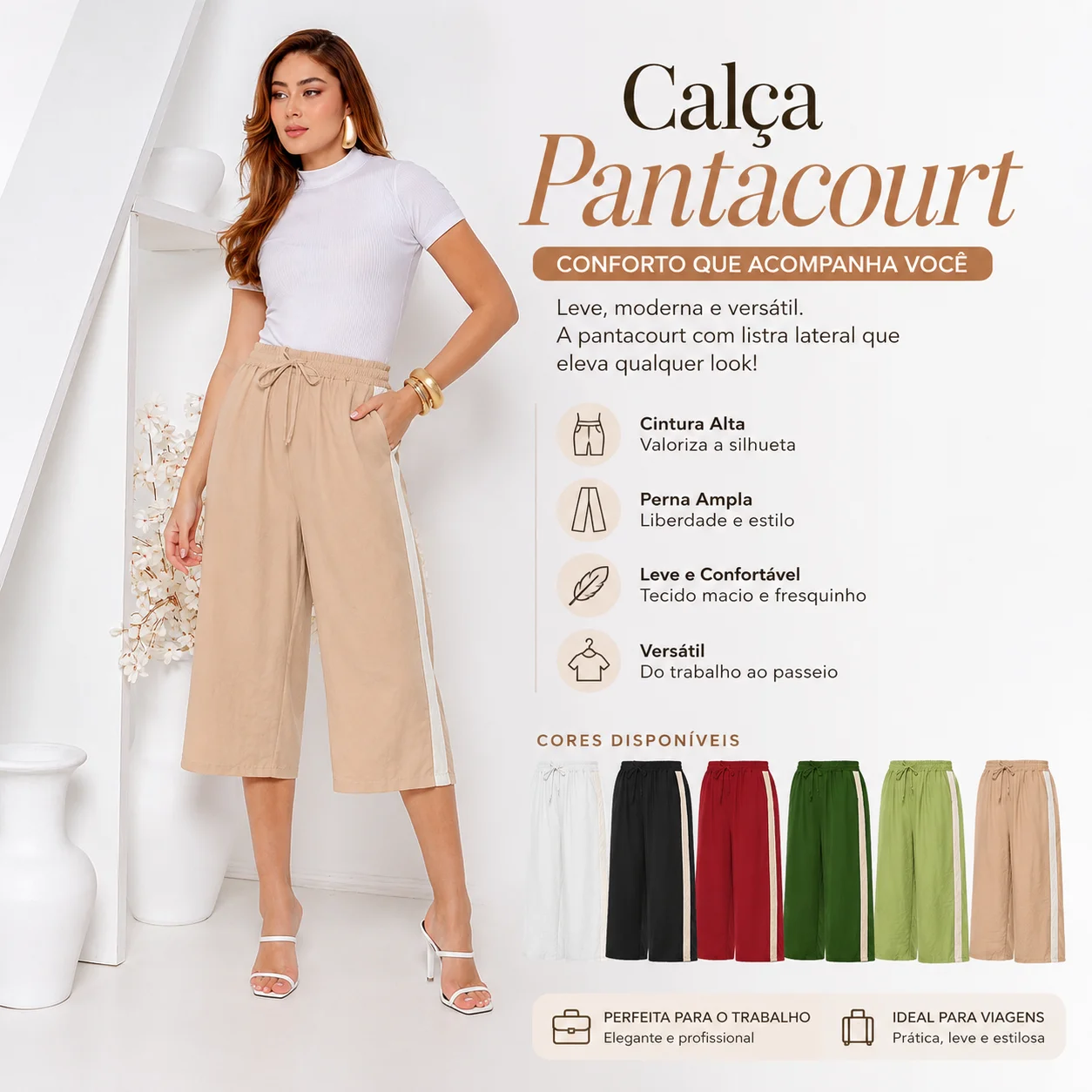 Calça Feminina Cintura Alta com Cordão e Pernas Largas