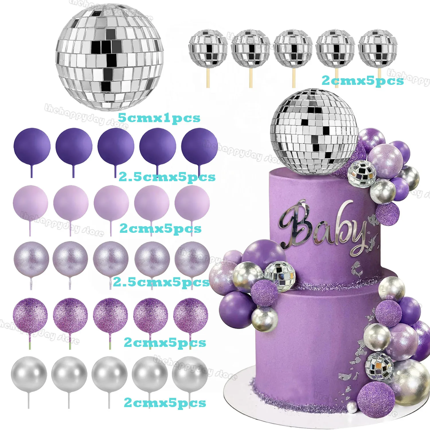 31 قطعة كرات ديسكو الأرجواني كعكة الزينة اللؤلؤ بريق كرات الفضة كعكة القبعات العالية لحفل زفاف عيد ميلاد الطفل دش كب كيك ديكور #4