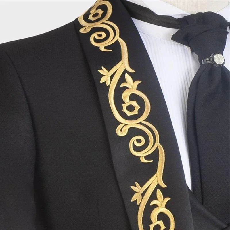 Wedding Tuxedos Gold Embroidery Black Formal Men Suits Shawl Lapel 3 Pieces Custom Male Fashion Costume Jacket Vest Pants 2024