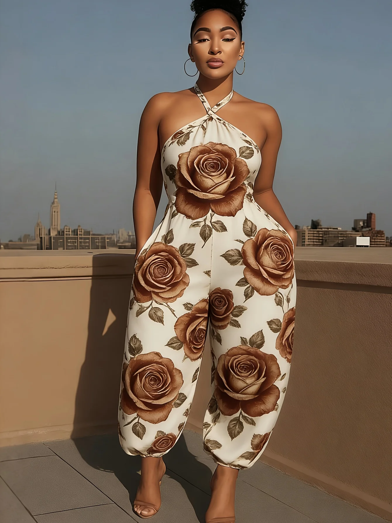 

Women's Vintage Brown Rose Floral Print Halter Jumpsuit Elegant Sleeveless High Waist Loose Harem Outfit with Pockets