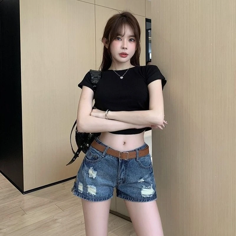 

Trendy Korean Style Destroyed Denim Shorts Women High Waisted Loose Fit Summer Fashion