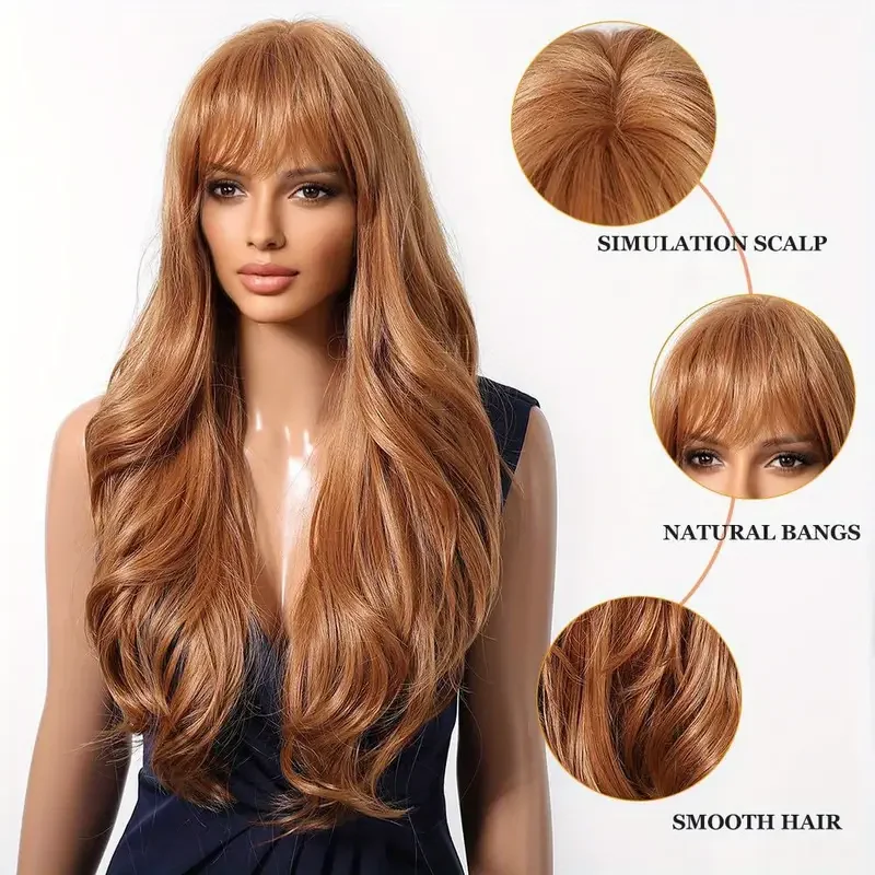 LOUIS FERRE Parrucche lunghe ricce allo zenzero arancione con frangia Parrucca sintetica a onde naturali per le donne Capelli finti per feste cosplay resistenti al calore