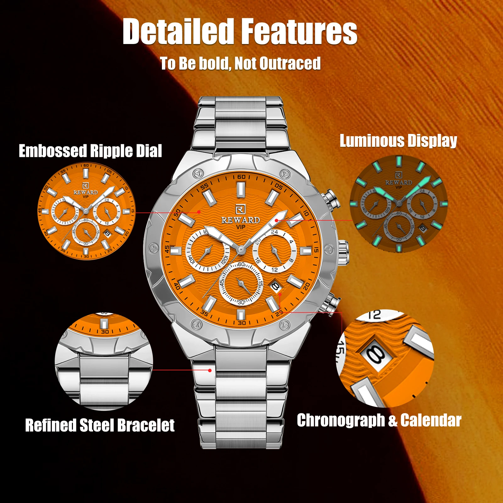 REWARD Mens Watch Quartz Waterproof Luminous Date Stainless Steel Wrist Watches Luxury Casual Watch for Men