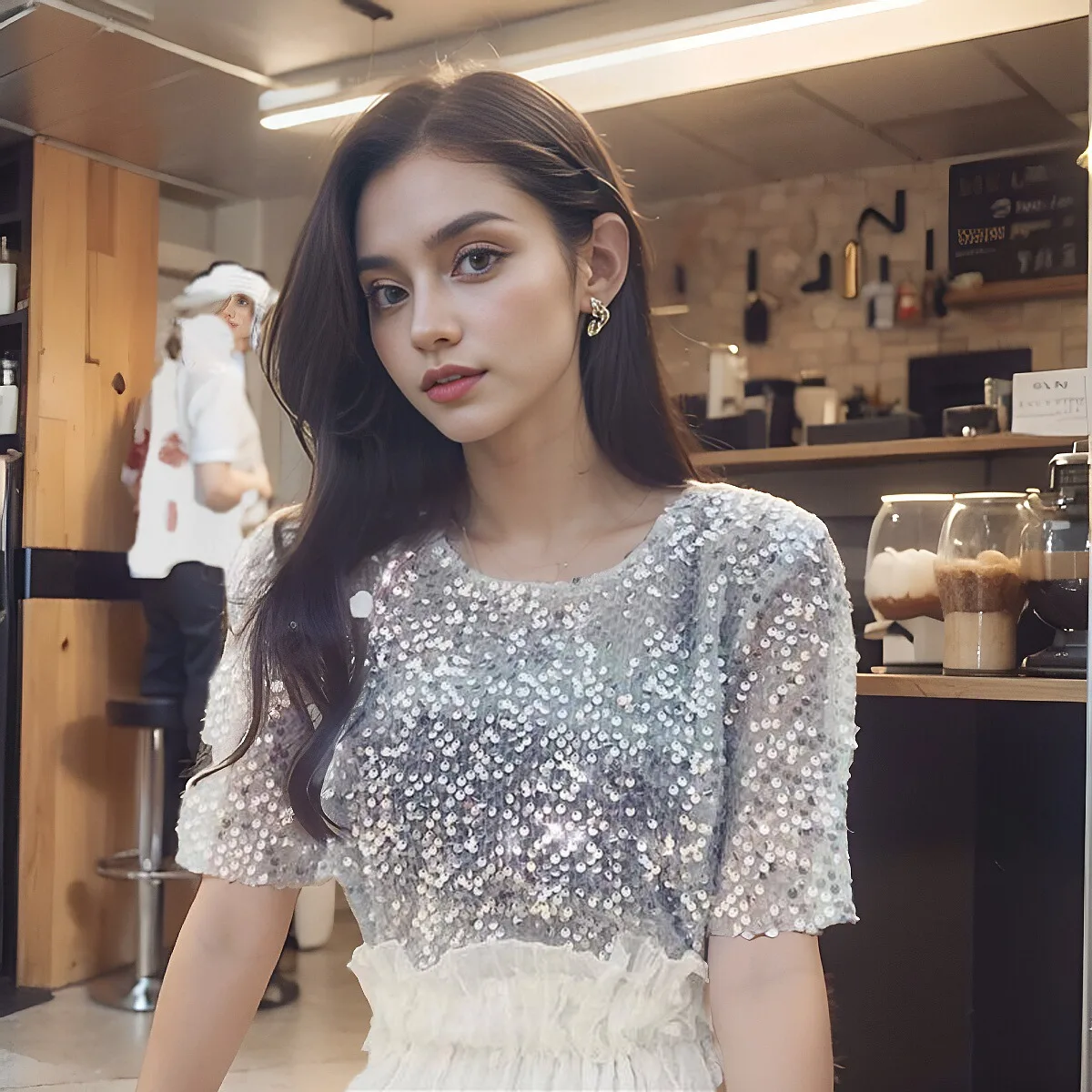 iny Sequin ort Sve Chiffon Top Korean Sle Summer Bright Lady Faionable Outerwear Lace Collar Stand out Piece