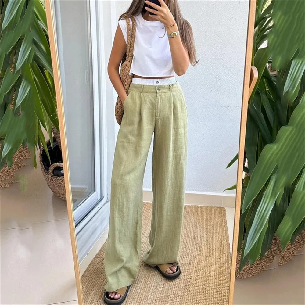 

Women Short Vest and Straight Pants 2 Piece Set Summer O-neck Sleeveless Tops High Waist Loose Pants Office Lady Streetwear Suit