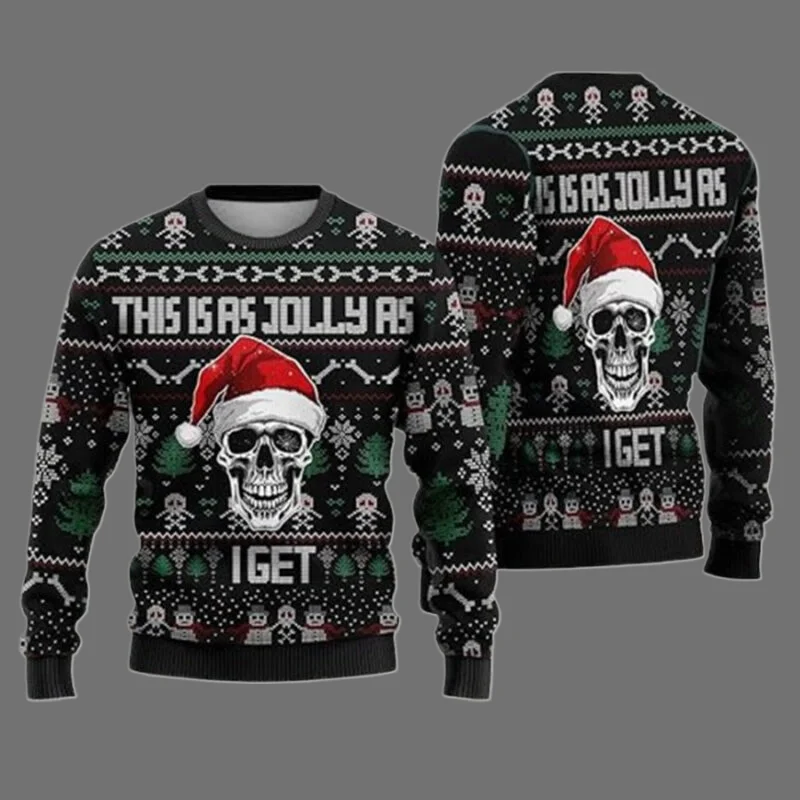 Horror natal camisola crânio papai noel 3d impresso moletom de pescoço masculino y2k unisex casual novo pulôver masculino streetwear