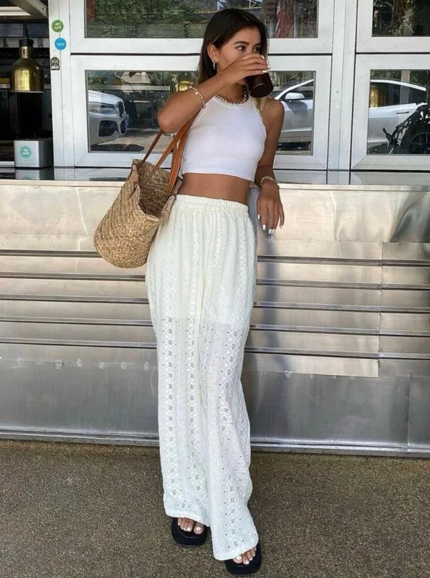 

Summer Fashion Hollow Out Female Trousers Jacquard Loose High Waist Patchwork Holiday Long Pant Streetwear Wide Leg Women Pants