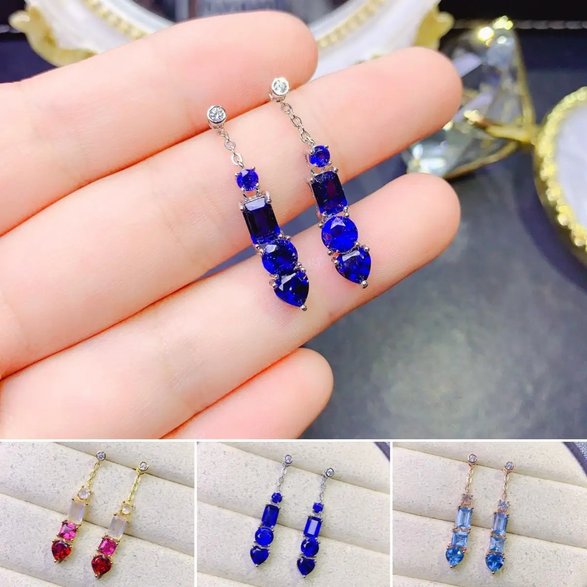 

FS 5*5 Natural Sapphire/Topaz/Garnet Fashion Long Earrings S925 Pure Silver Fine Wedding Jewelry for Women MeiBaPJ New