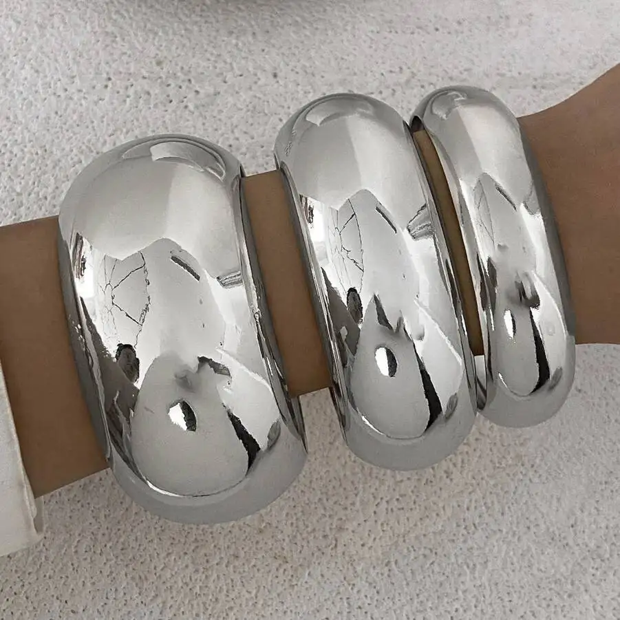 KunJoe 3 قطعة/المجموعة لامعة مستديرة مكتنزة الإسورة سوار للنساء مبالغ فيها الذهب اللون تكويم كبير واسعة سوار مجوهرات الحفلات #3