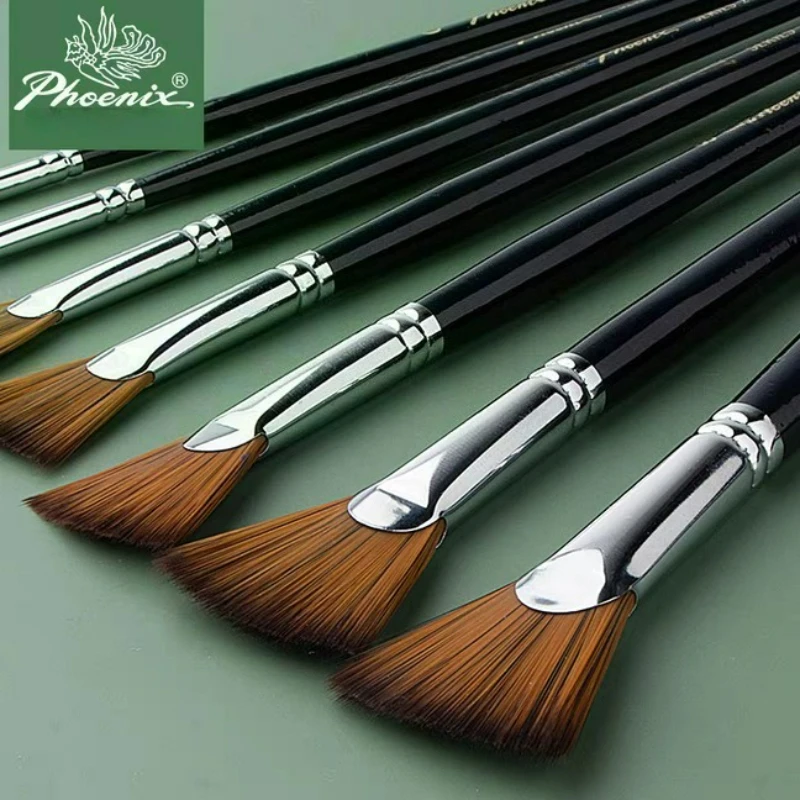 1/3/7/12pcs PHOENIX Art Supplies Pincéis de óleo de cerdas de porco/náilon em forma de leque Pincéis de aquarela de cabo longo para estudantes de arte