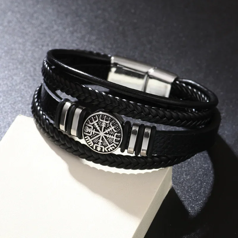 Trendy Norse Viking Men Bracelet Fashion All-match Multi-layer Braided Leather Bracelets Scripture Compass Birthday Party Gifts