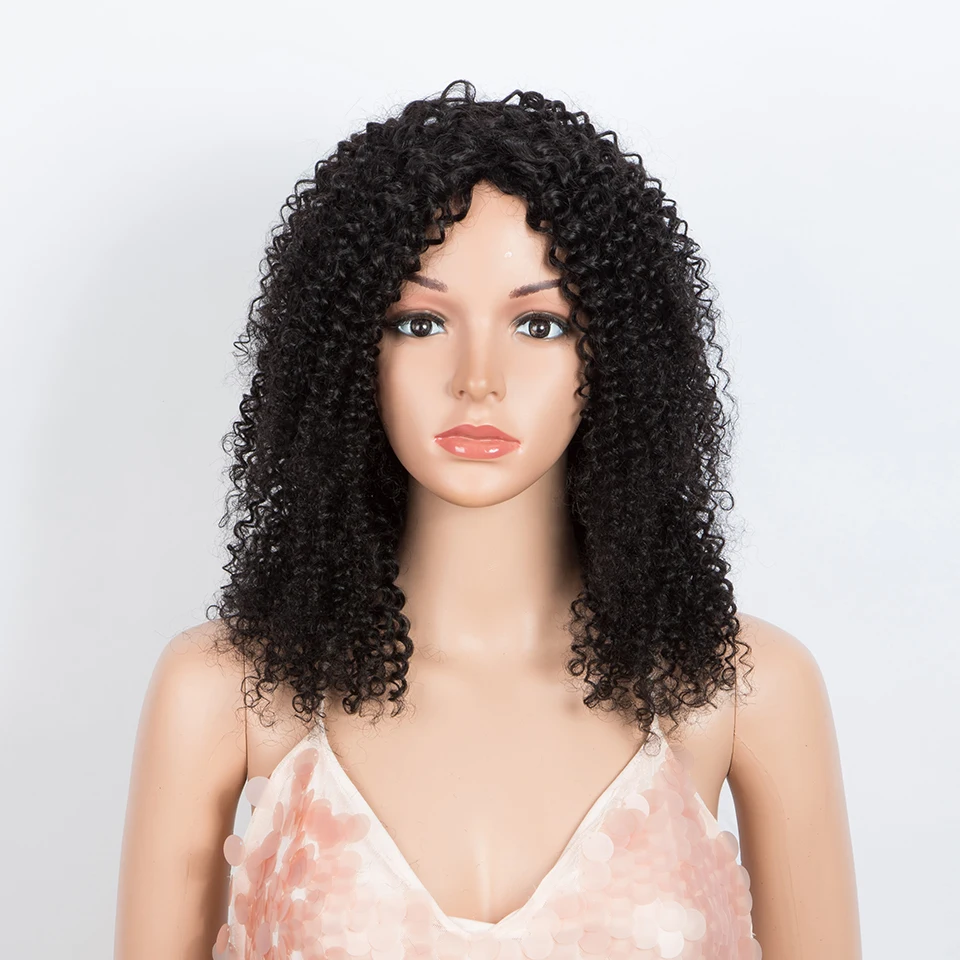 Black Women's African Curly Human Hair Wig Glueless Natural Black Full Machine Made Brazilian Hair Wig Wear And Go For Women