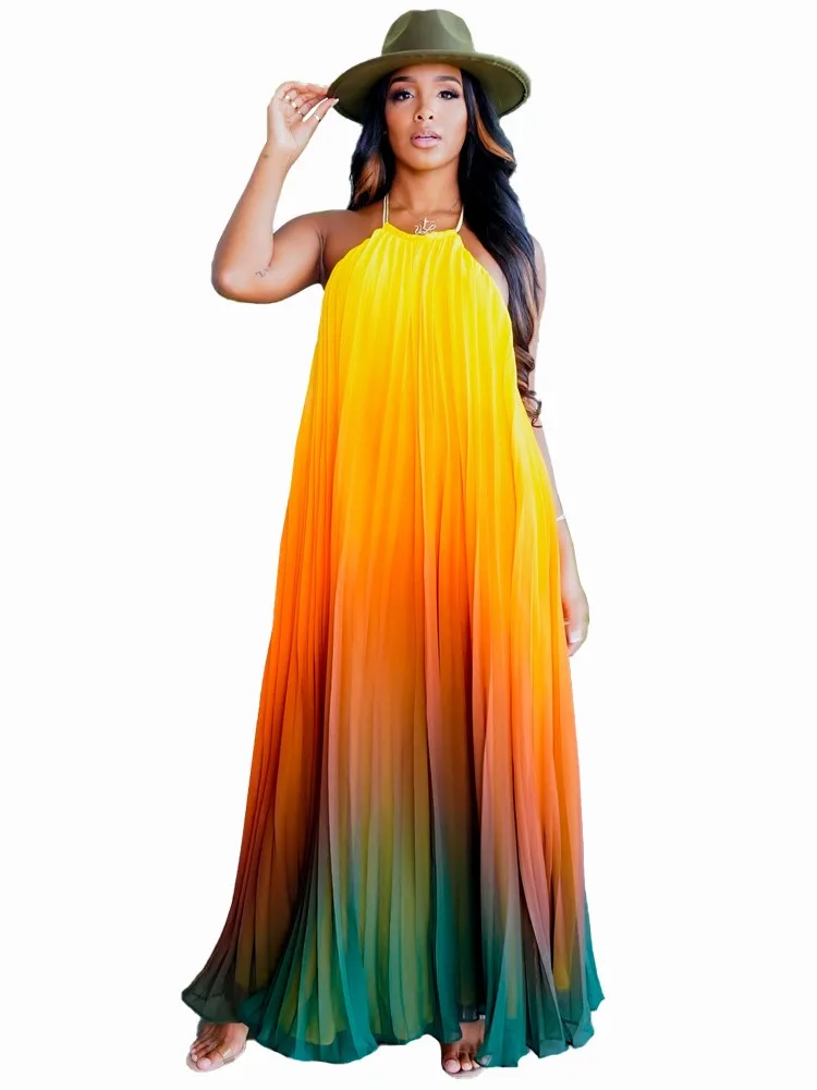 Summer Cover Ups Women Swimsuit Halter Sleeveless Robes Bathing Suit 2022 New Gradient Print Beach Holiday Maxi Dresses Cover-Up