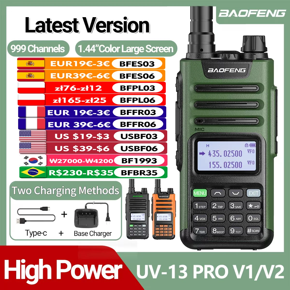 BaoFeng UV-13 PRO V1 V2 고출력 멀티 밴드 워키토키 – C 타입 충전기 포함, UV-5R 송수신 기능 지원, 장거리 햄 양방향 라디오