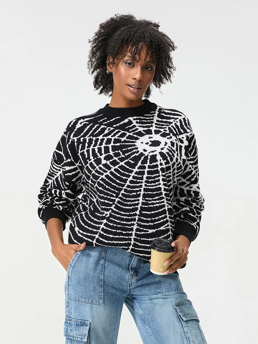 Damen Herren Pullover mit Rundhalsausschnitt, langärmelig, Spinnennetz-Pullover, Strickoberteil für den lässigen Alltag in der Herbstsaison