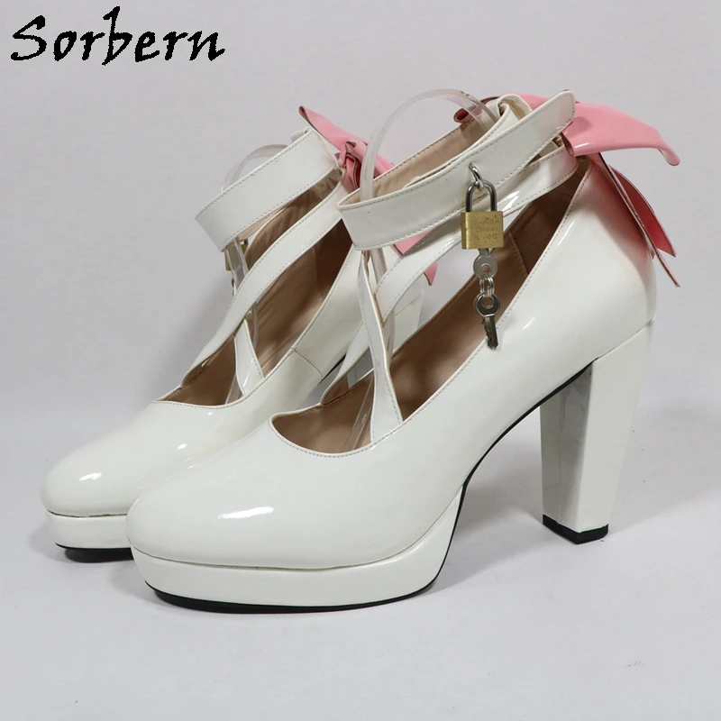 Sorbern White Shiny Women Pumps Pink Bowknot Ankle Cross Straps With Locks Block High Heel Visible Platform Lolita Style Shoes