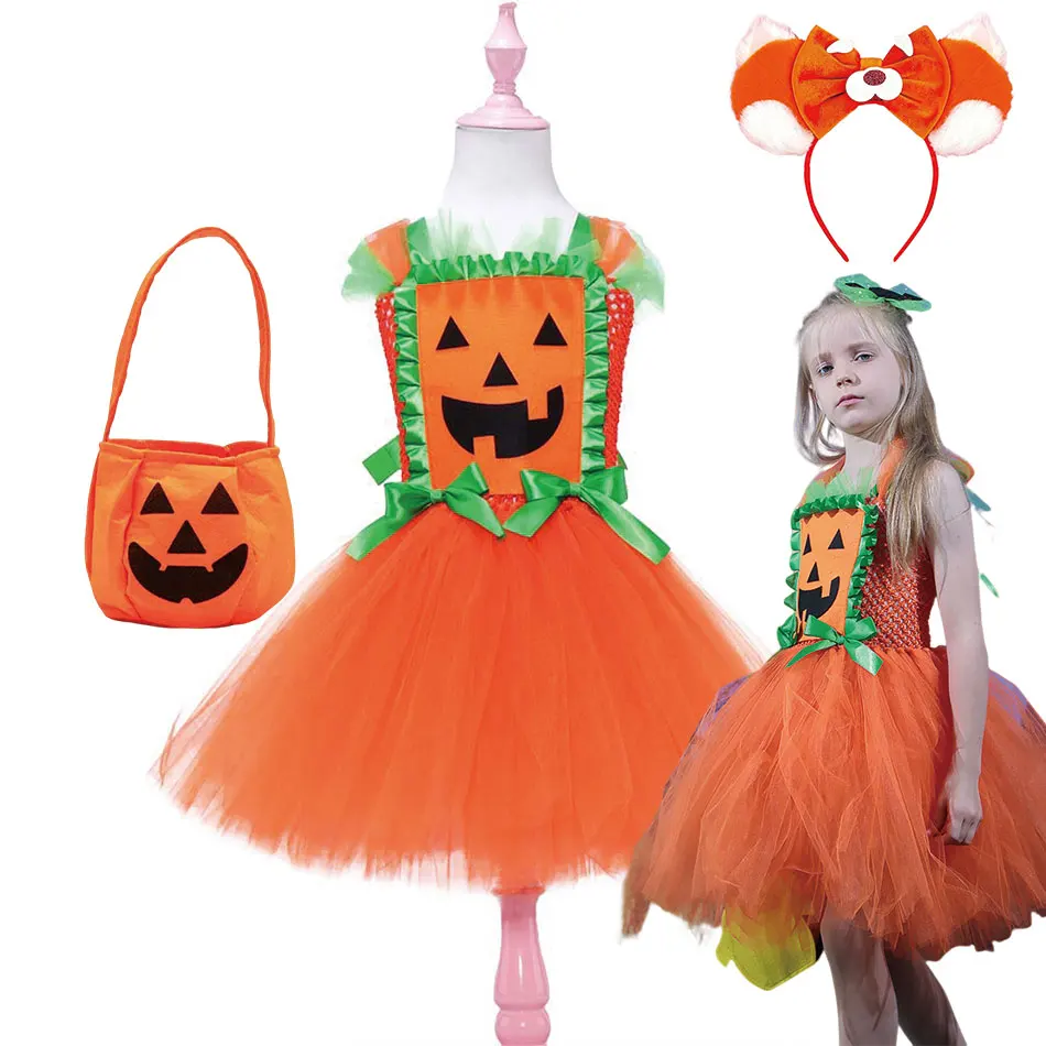 

2023 Halloween Costume for Girl Tutu Dress Pumpkin Tulle Clothes Party Carnival Gown Sleeveless Dresses Children Witch Cosplay