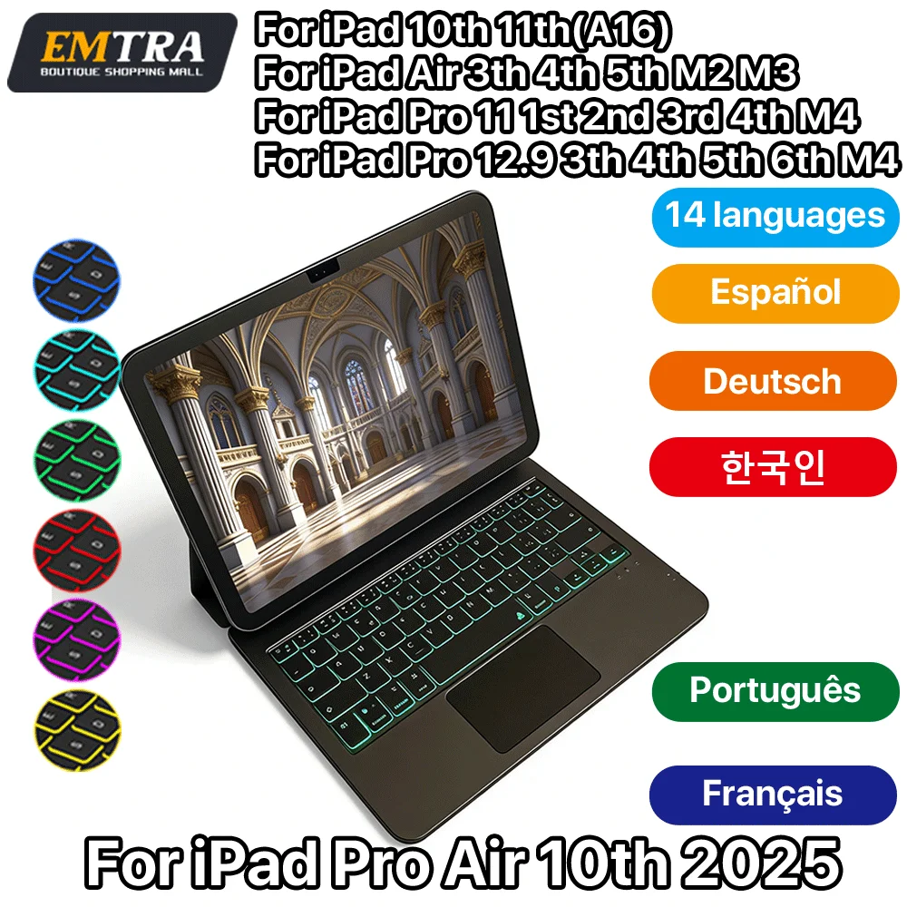 

Беспроводная клавиатура Magic Keyboard для iPad Pro 11, 10.9, Air 4, Air 5, iPad 11-го, 10-го поколений, Pro 12.9, 6-го, 5-го, 4-го, 3-го поколений, M4 с подсветкой клавиш и умными чехлами