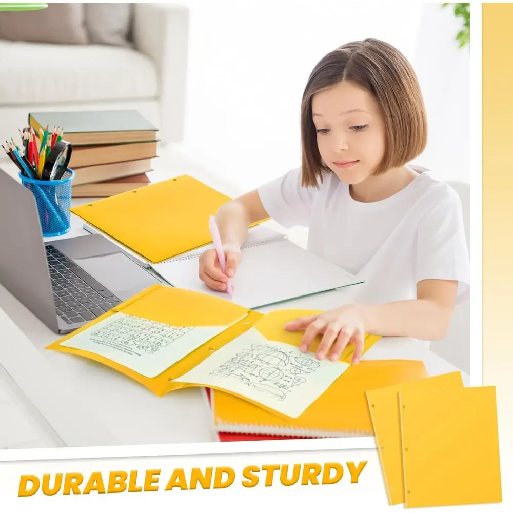 Paquete de 100 carpetas de plástico de 2 bolsillos con perforadora de 3 agujeros para carpetas de 3 anillas, material poli duradero, amarillo, adecuado para oficina y H