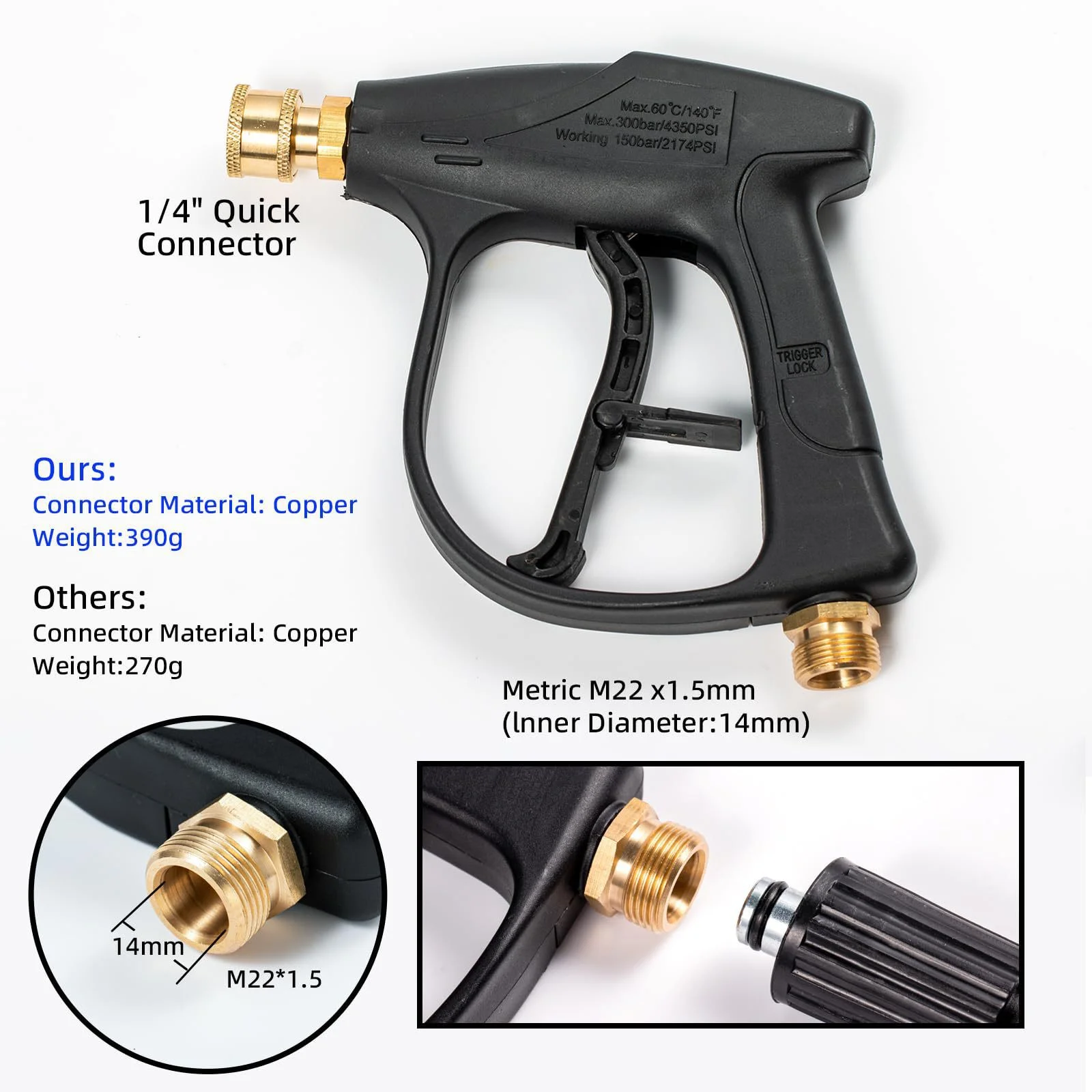 300 Bar High - Pressure Washer - 1L Foam Cannon, 5 Nozzles, M22 - 14 Connection, 1/4 Quick Connect