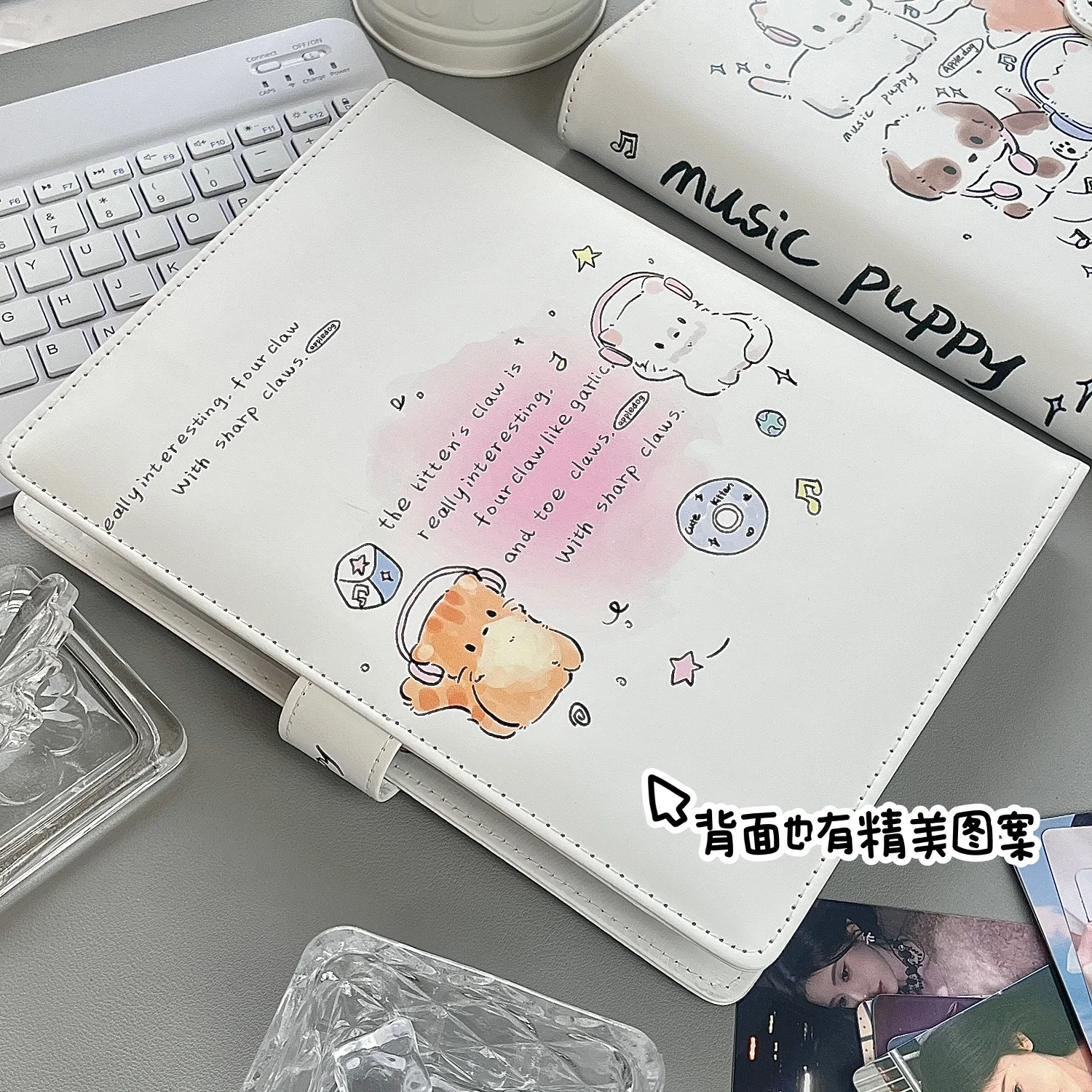 Cute Music Cat A5 Photo Album, 4-Pocket PU Leather Binder for Polaroid & 3