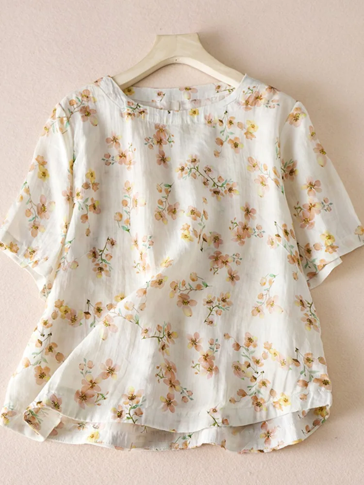 Casual bloemenprint linnen katoen dames T-shirt zomer losse pasvorm veelzijdige afslanktop rond Ne ort Sve rond lichaam