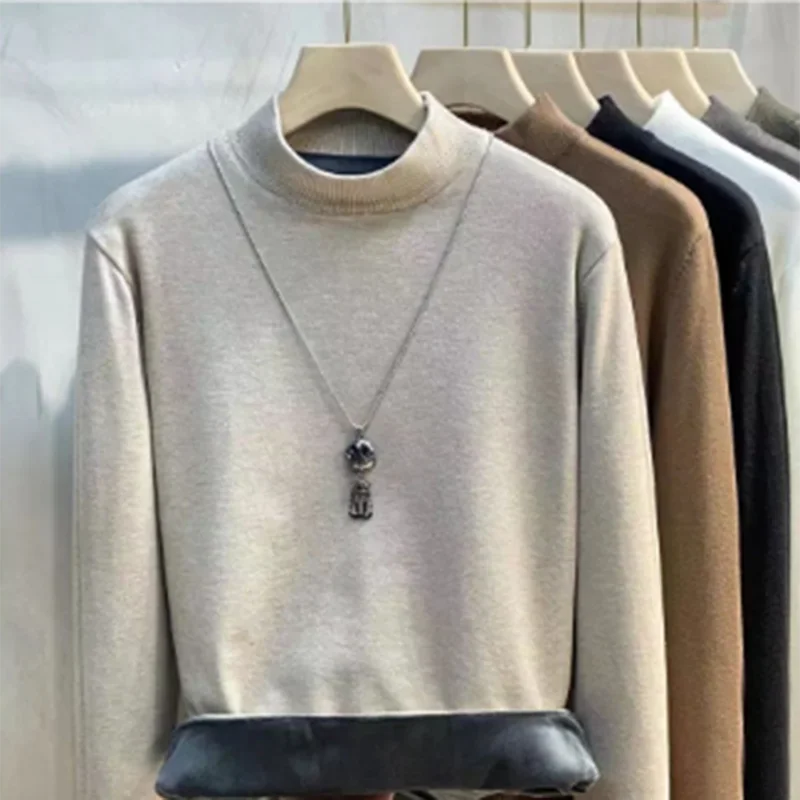 

2025 Male Black Casual Sweater Men's Fleece Lined Thickened Long Sleeve Knit Pullover Sweater Autumn Winter Thermal Warm Sweater