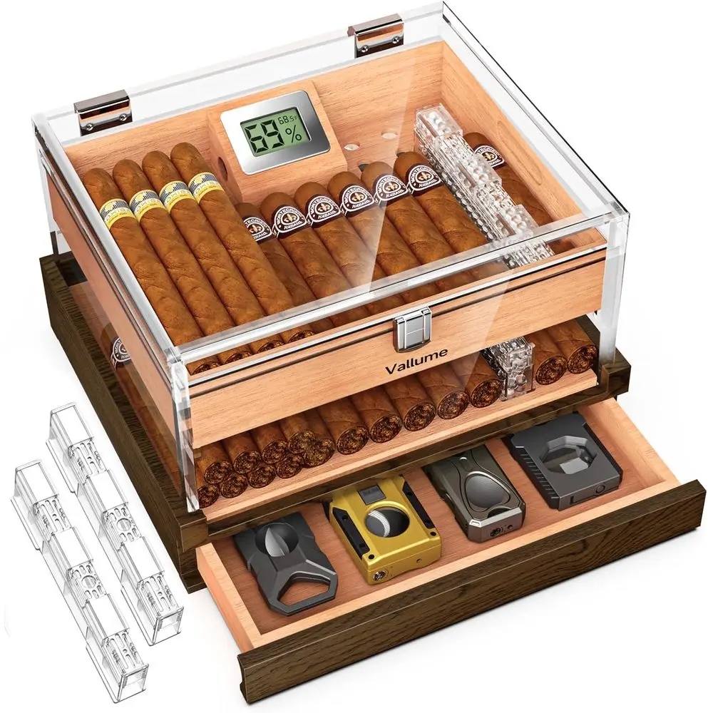 

High-Clarity Acrylic Cigar Humidor with Locks, 90° Hinges, and Hygrometer, Holds 50-60 Cigars