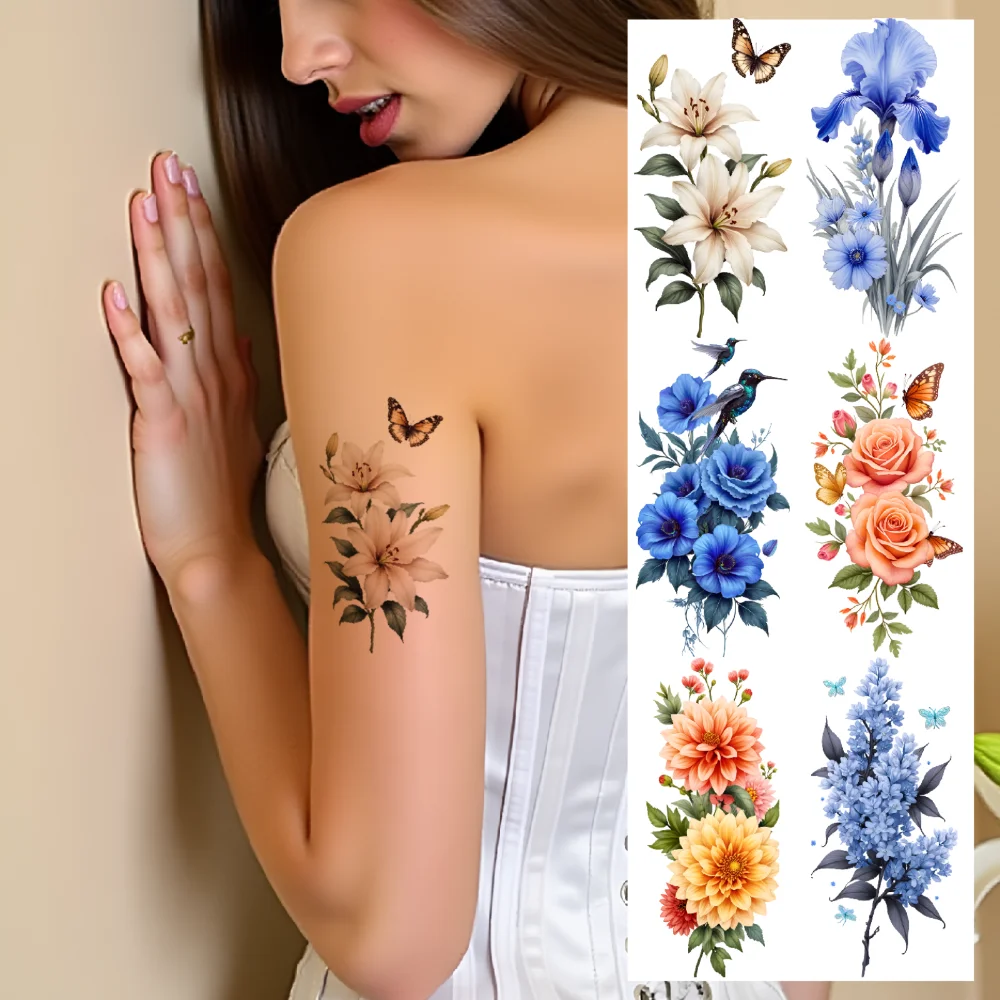 

9 шт. временные татуировки цветущие ветки временные татуировки наклейки синие цветы розовые розы для мужчин и взрослых бедер