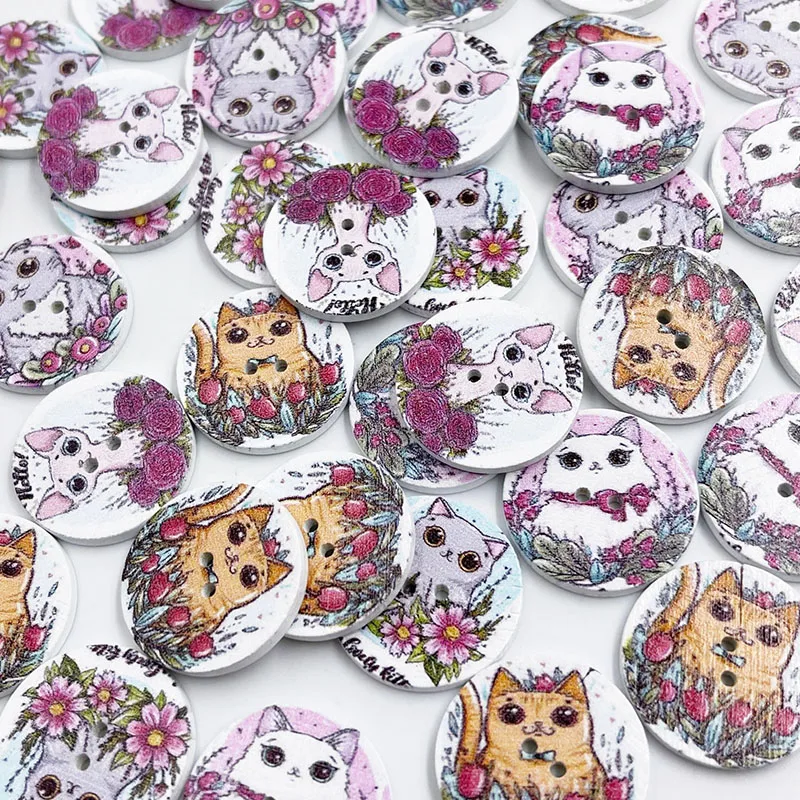 25pcs Cat Round Print Flower Series Wooden Button Handwork Sewing Scrapbooking Clothing Crafts Accessories Gift Card 25mm WB887