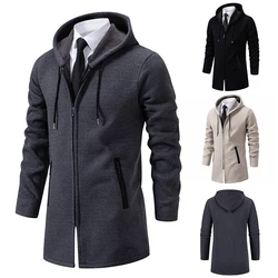 Men's Fleece Long Cardigan Autumn Winter Knitting Jacket Solid Color Hooded Sweater Coat Plush Padded Outwear Fashion
