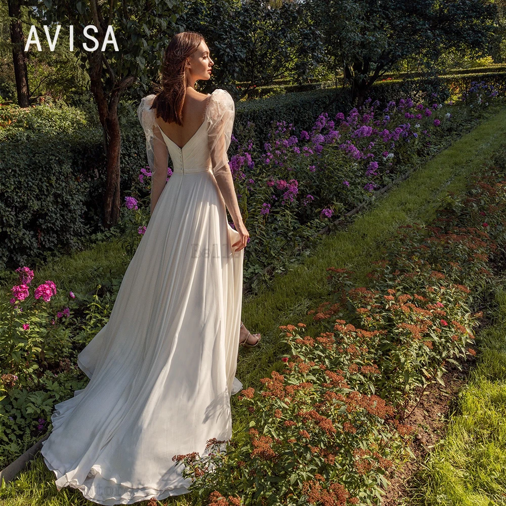 Vestido de novia de manga larga con cuello en V, vestido de novia Sexy, línea A, flores plisadas, tren de barrido, vestidos de fiesta de gasa