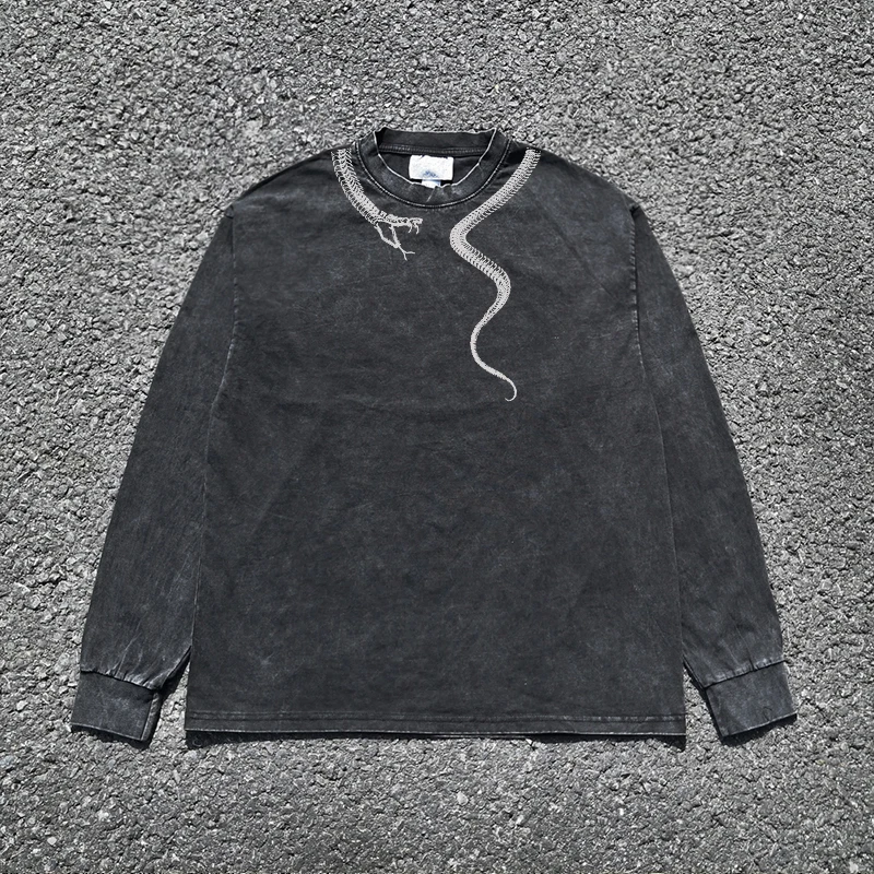アメリカンサブカルチャーヴィンテージ長袖tシャツヘビーウェアウォッシュドスタイルカジュアルピュアカラー秋ファッション（wang-studio）