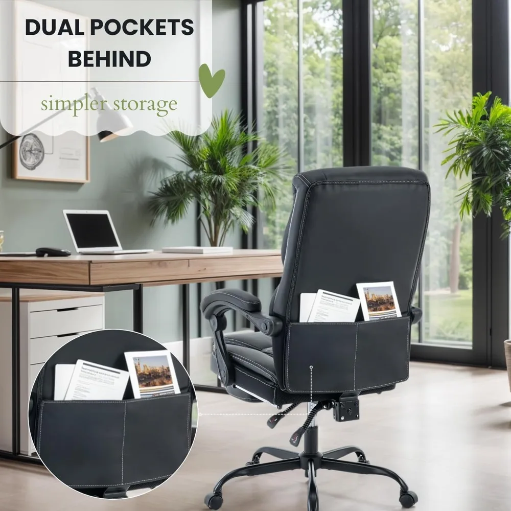 Executive Office Chair Big and Tall with Footrest and Pockets Ergonomic Home Computer Gaming Desk Task High Back PU Leather Adju