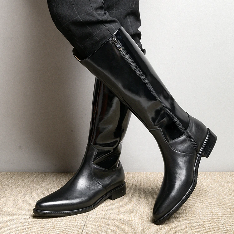 Luxury Fashion Men Riding Boots Genuine Leather Pointed Toe British Style Knee High Boots High End Gentleman Knight Boots