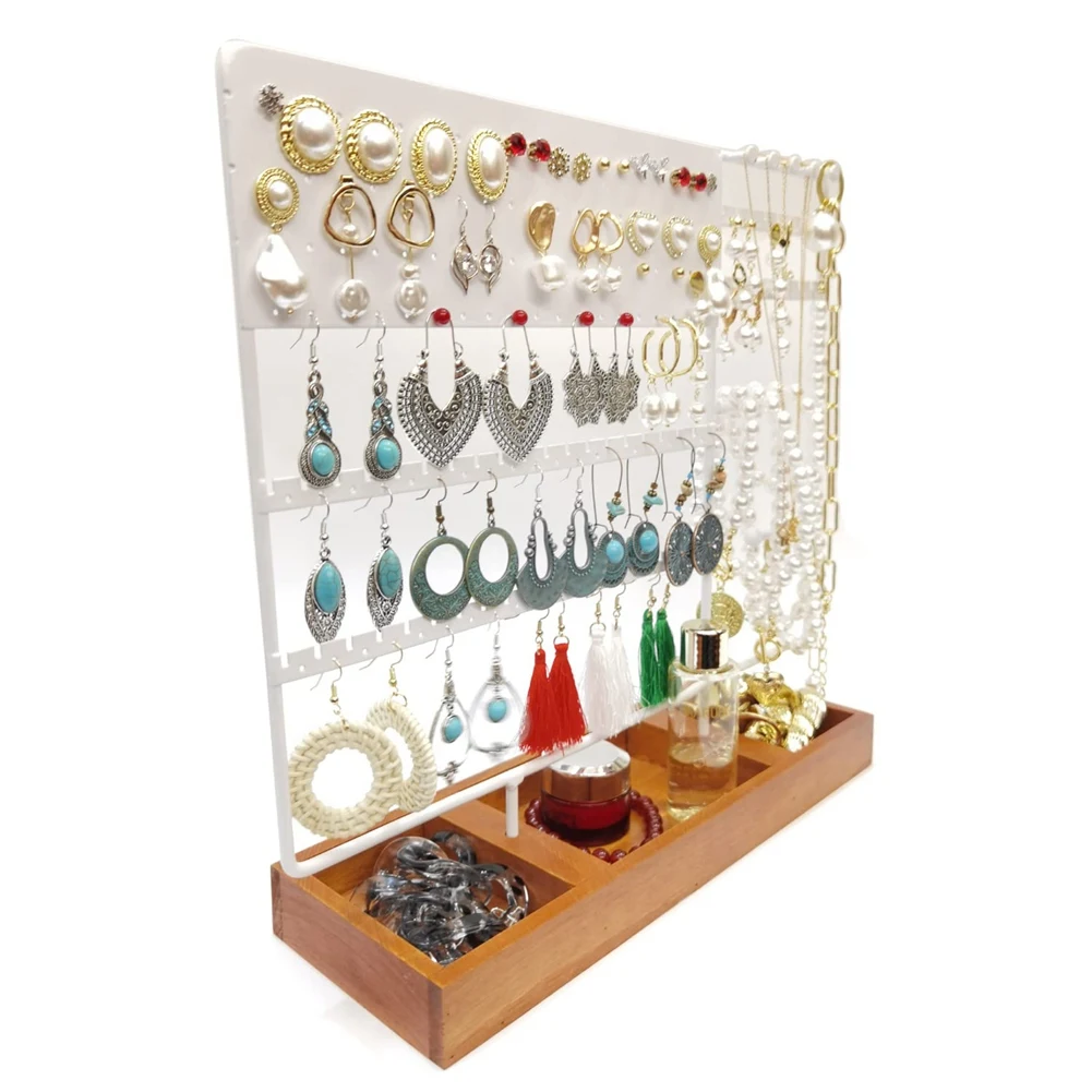 Jewelry Stand Holder with Wooden Tray,5-Tier Jewelry Tower Organizer with 188 Earring Holes, for Watches and Bracelets B