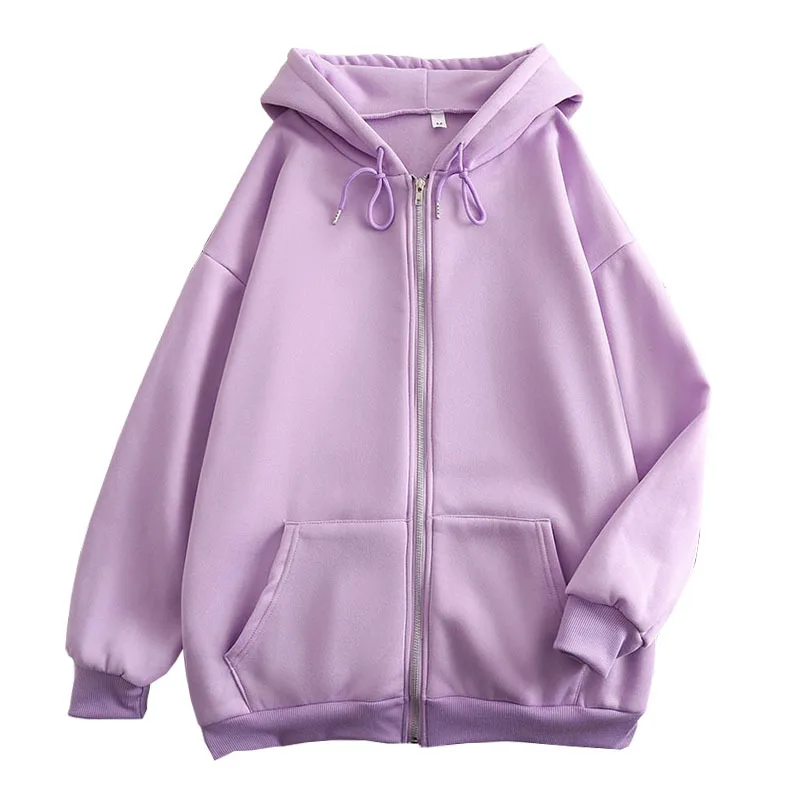 Spring and Autumn Zipper Solid Color Hoodie Loose Zipper Cardigan Women's Sweatshirts