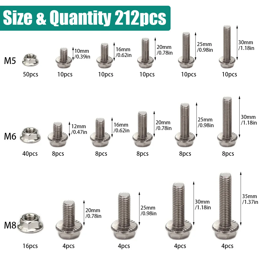 212 pcs 304 Stainless Steel Hexagonal Flange Bolt and Nut Set, Sizes M5/M6/M8, Lengths: 10mm,12mm,16mm,20mm,25mm,30mm,35mm