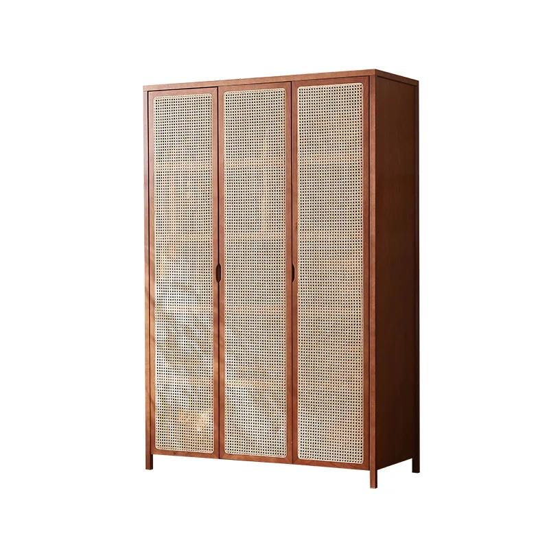 

Japanese-style solid wood rattan wardrobe small apartment household three-door locker
