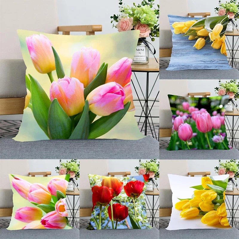 Tulip Flower Double-sided Printed pillow cover Short plush Suitable living rooms bedrooms sofas throw cushion cover