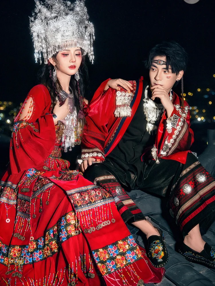 

Red Miao Clothing Female Couple Men's Tujia Ethnic Style Miao' S Dress Machine Embroidery Photography