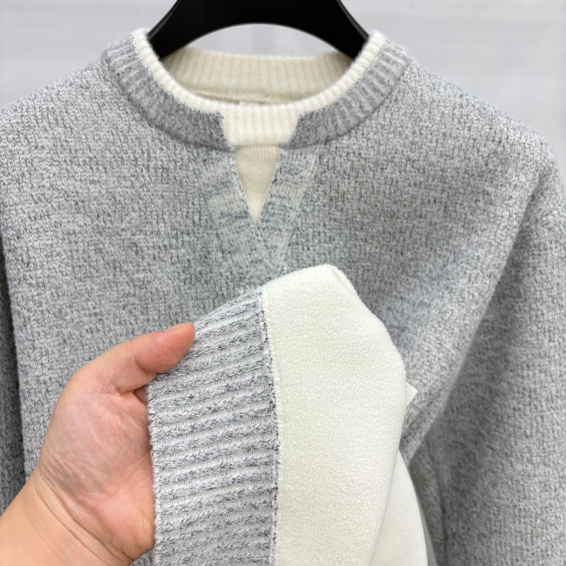 men's autumn winter high quality fleece-lined knit long sleeves pullover round neck keep warm sweater leisure trend men clothing