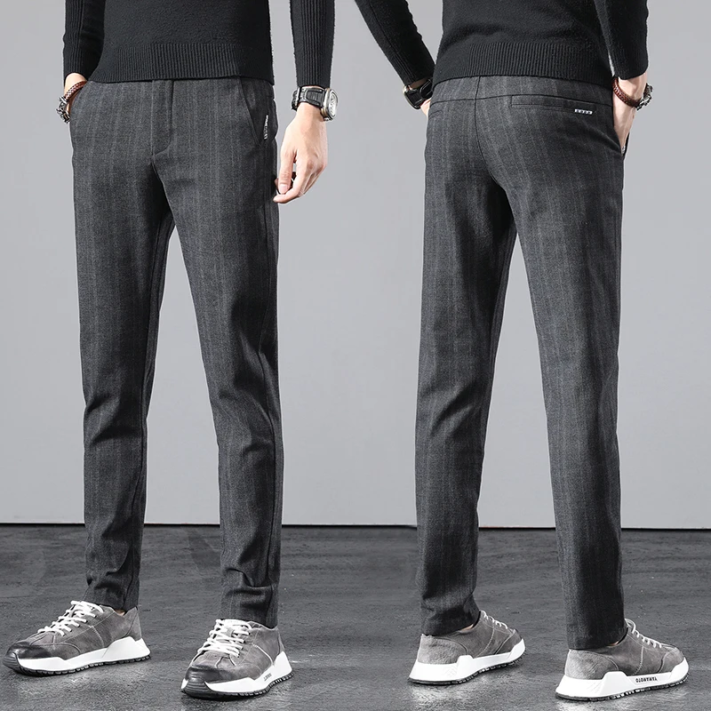 

Men's Woolen Striped Slim Casual Pants Spring Autumn New Comfortable Business Small Feet Straight Korean Trousers Male