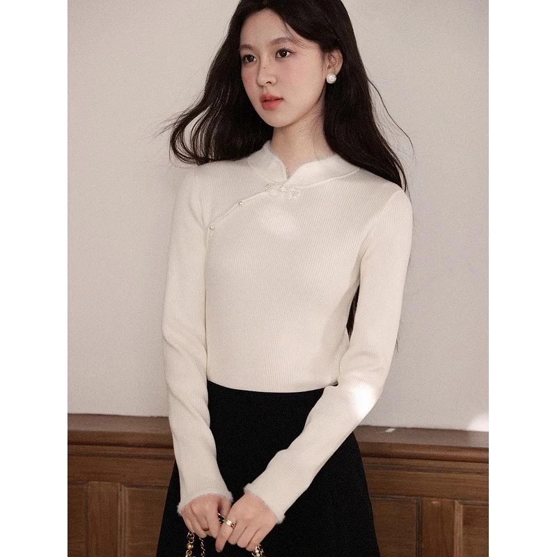 

ALXNAN белый свитер, новая водолазка в китайском стиле с жемчужным узлом и пуговицами, трикотаж, осень-зима, универсальные модные пуловеры L58373