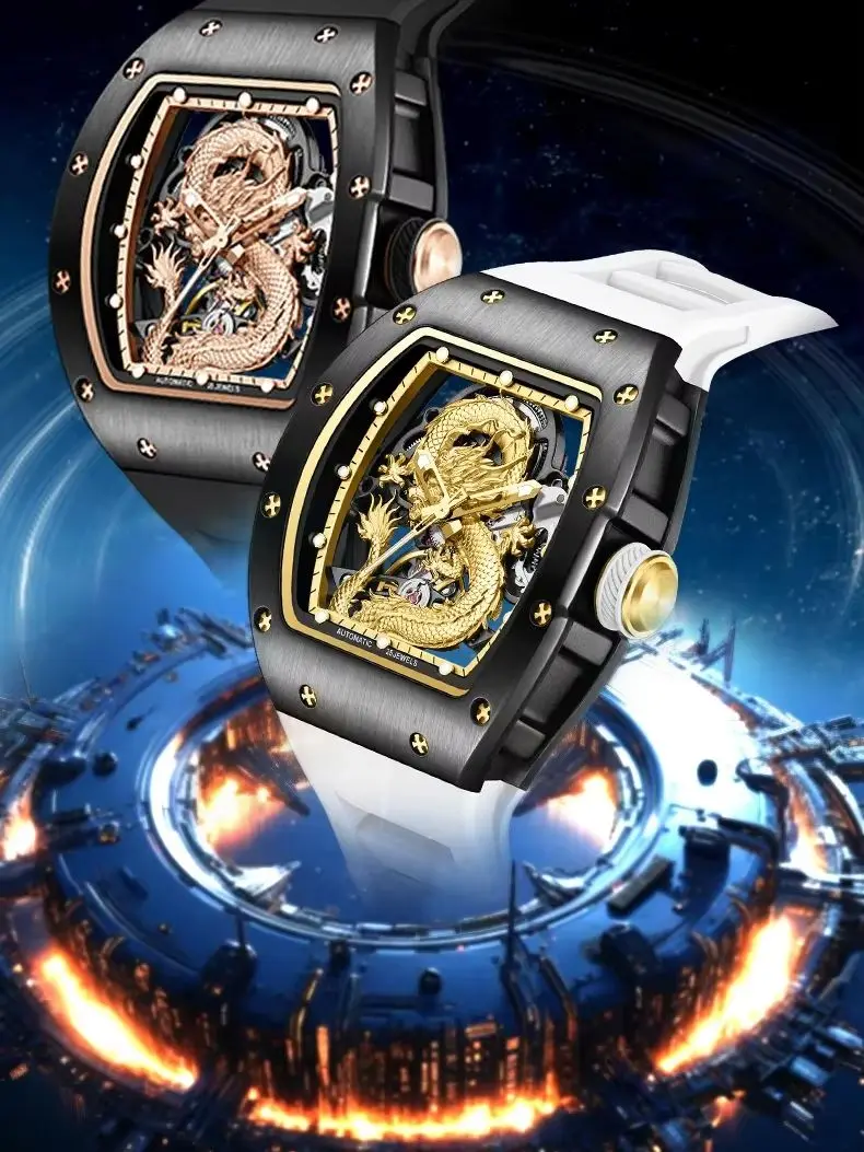 

15s TAKE THE CHANCE Dragon Mechanical Watches Tonneau Barrel Case Automatic Skeleton Stainless Steel Wristwatch Fifteen