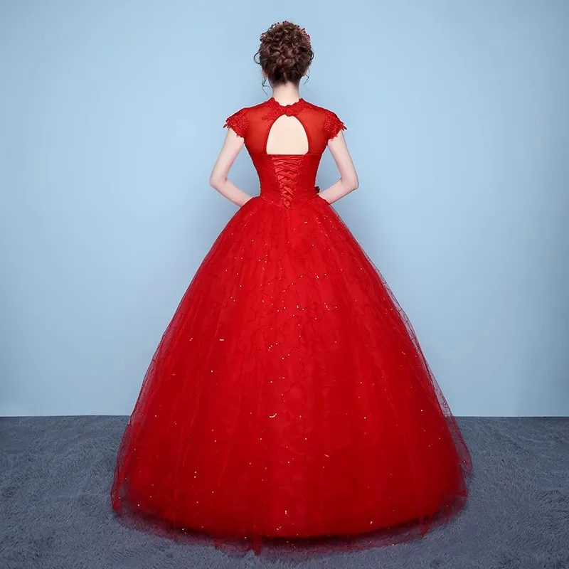 It's Yiiya-Robe de mariée en tulle rouge Bling, robe de mariée brodée, col rond, longueur au sol à lacets, grande taille, boule de mariée bon marché, quelle que soit XN012